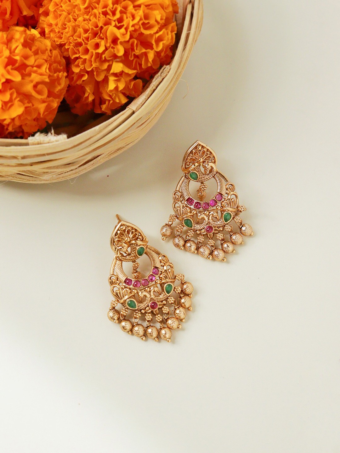 

CURIO COTTAGE Gold-Plated Kundan Studded Contemporary Drop Earrings