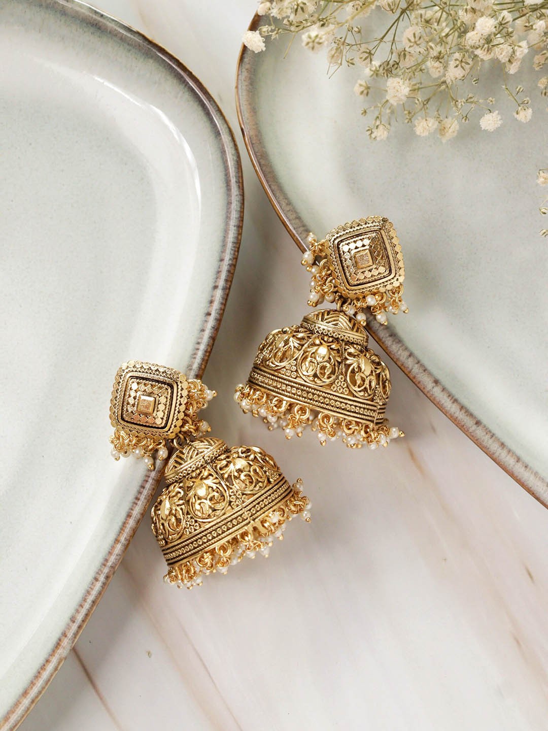 

CURIO COTTAGE Gold-Plated Kundan Studded Contemporary Jhumkas