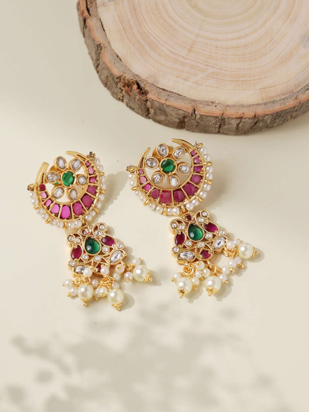 

CURIO COTTAGE Gold-Plated Kundan Studded Contemporary Jhumkas