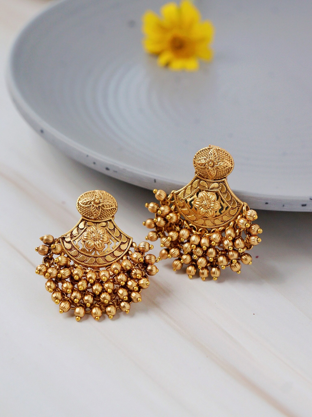 

CURIO COTTAGE Gold-Plated Kundan Studded Contemporary Drop Earrings