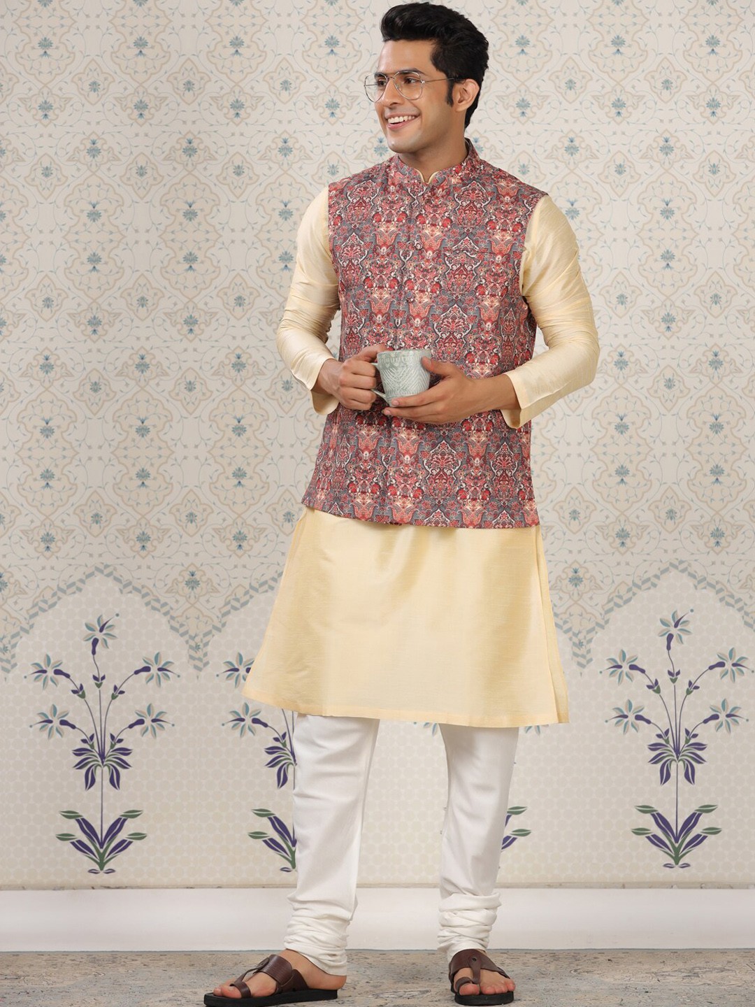 

Ode by House of Pataudi Ethnic Printed Mandarin Collar Nehru Jacket, Maroon