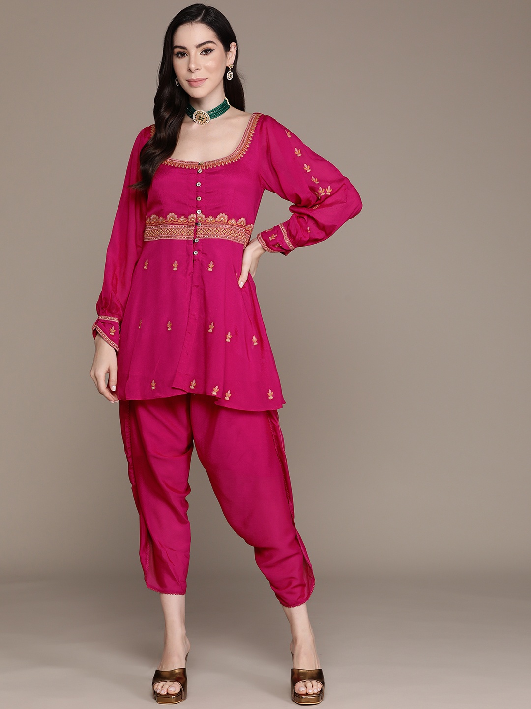 

aarke Ritu Kumar Women Ethnic Motifs Embroidered Kurta with Dhoti Pants, Fuchsia