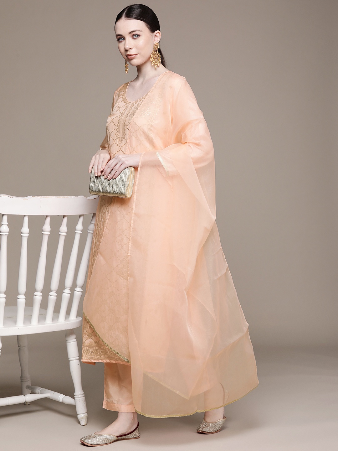 

aarke Ritu Kumar Women Woven Design Regular Kurta with Trousers & With Dupatta, Peach