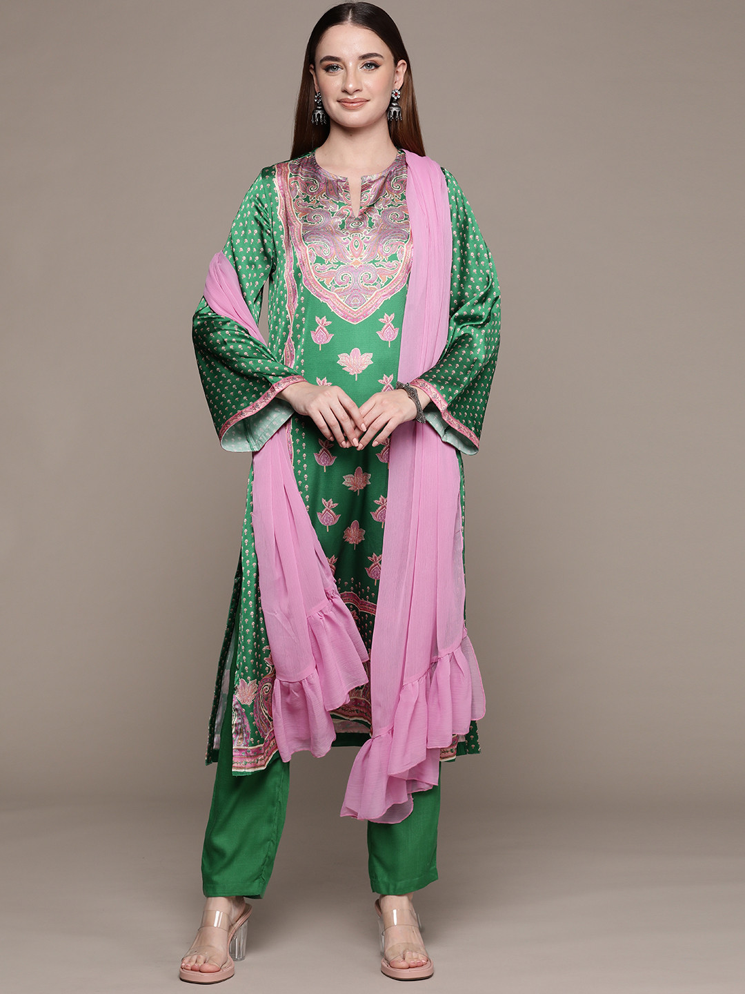 

aarke Ritu Kumar Women Floral Printed Regular Kurta with Trousers & With Dupatta, Green