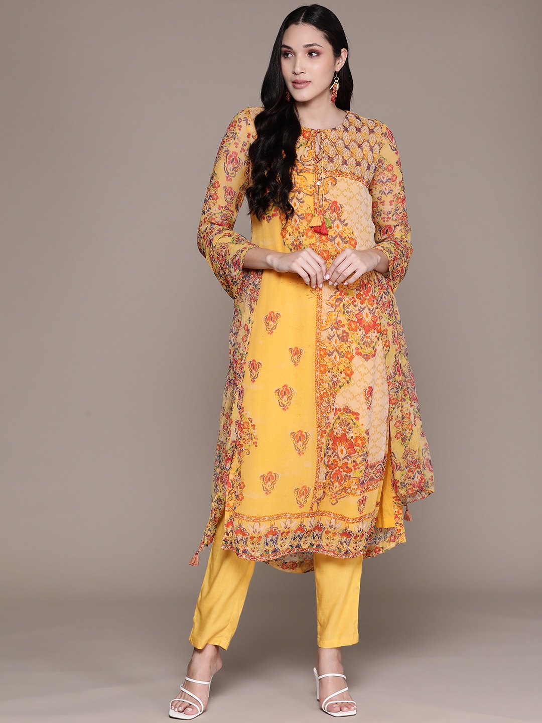 

aarke Ritu Kumar Women Ethnic Motifs Printed Regular Kurta with Trousers & With Dupatta, Yellow