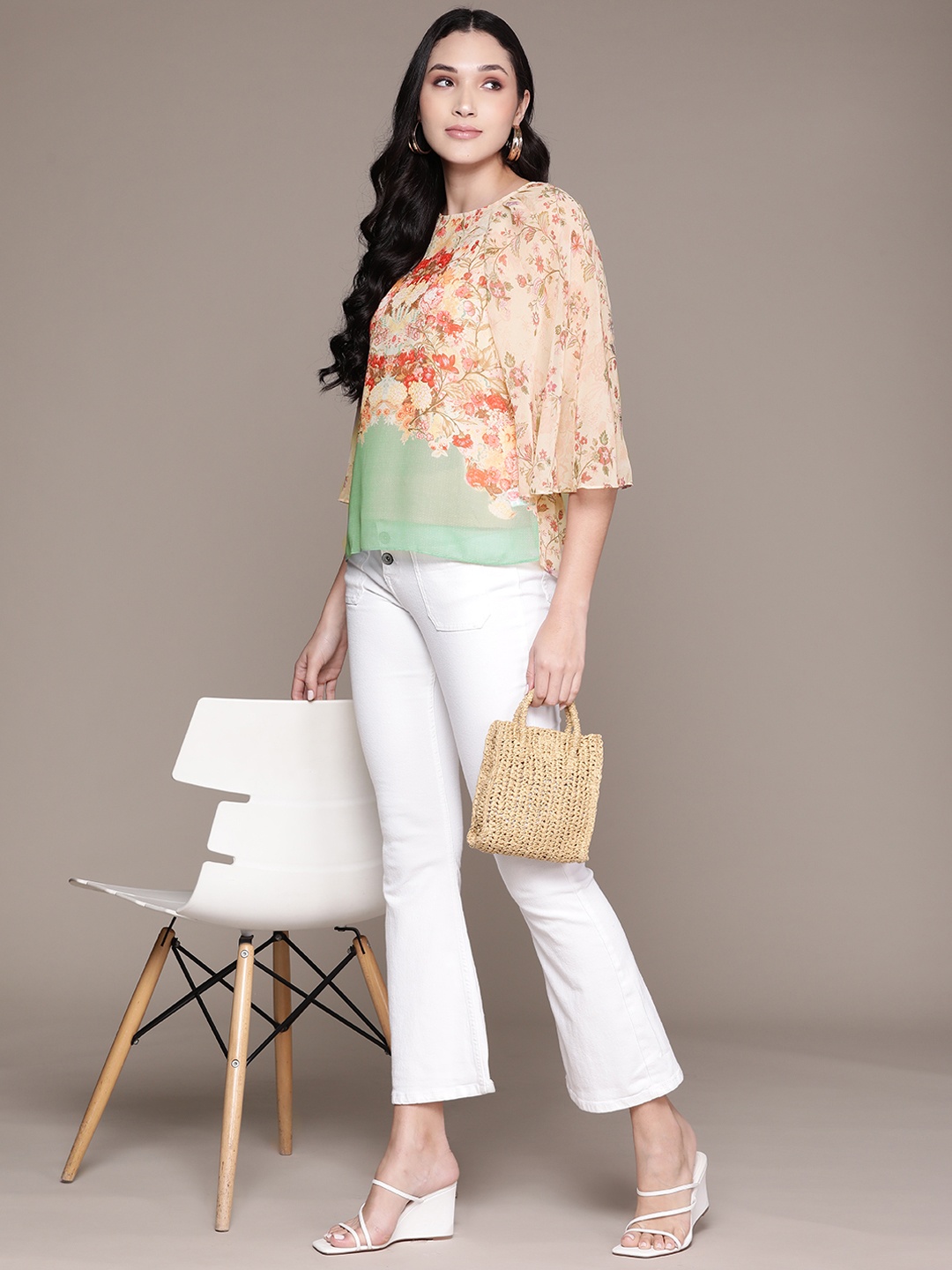 

aarke Ritu Kumar Floral Print Flared Sleeve Georgette Top with Camisole, Pink