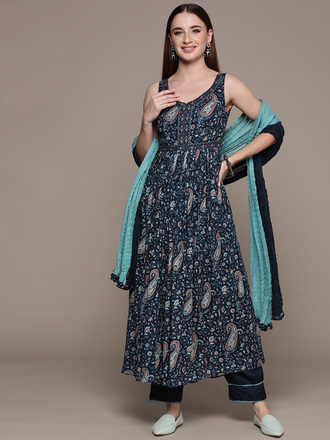 

aarke Ritu Kumar Women Paisley Printed Regular Kurta with Trousers & With Dupatta, Navy blue