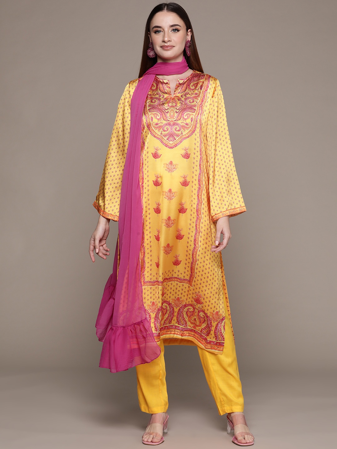 

aarke Ritu Kumar Women Floral Printed Regular Kurta with Trousers & With Dupatta, Yellow