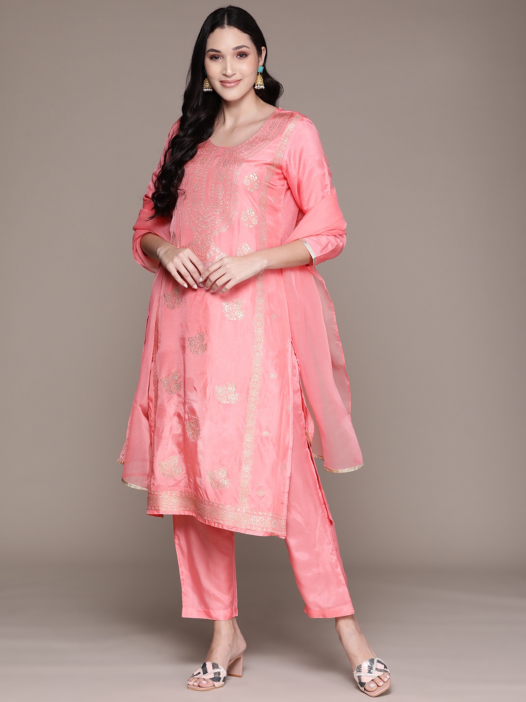 

aarke Ritu Kumar Women Woven Design Ethnic Motifs Zari Kurta with Trousers & With Dupatta, Pink