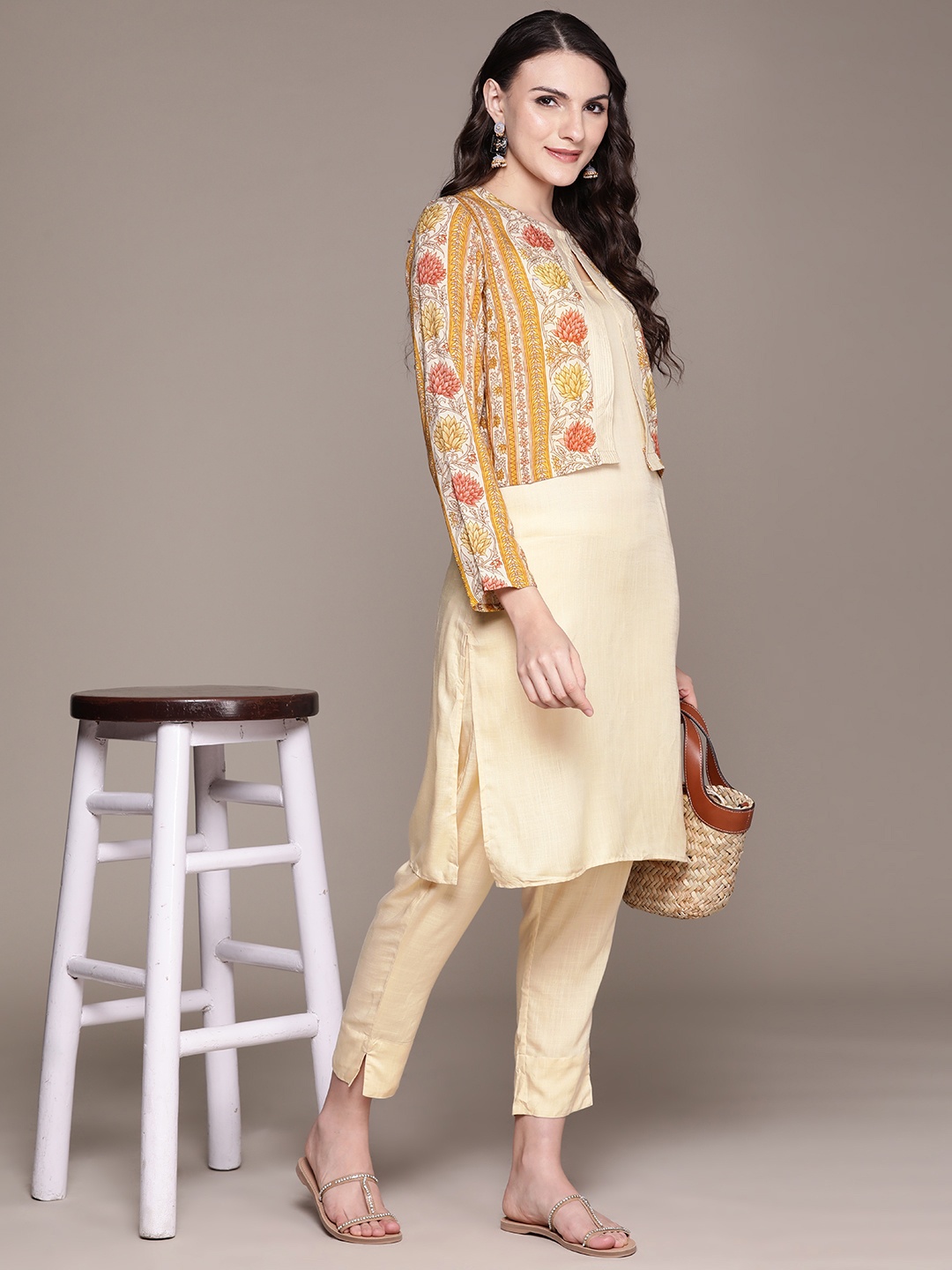 

aarke Ritu Kumar Women Solid Regular Kurta with Trousers & With Jacket, Mustard
