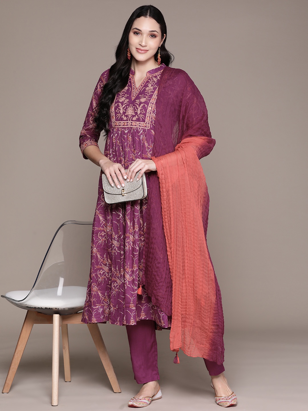 

aarke Ritu Kumar Women Embroidered Empire Mirror Work Kurta with Trousers & With Dupatta, Purple