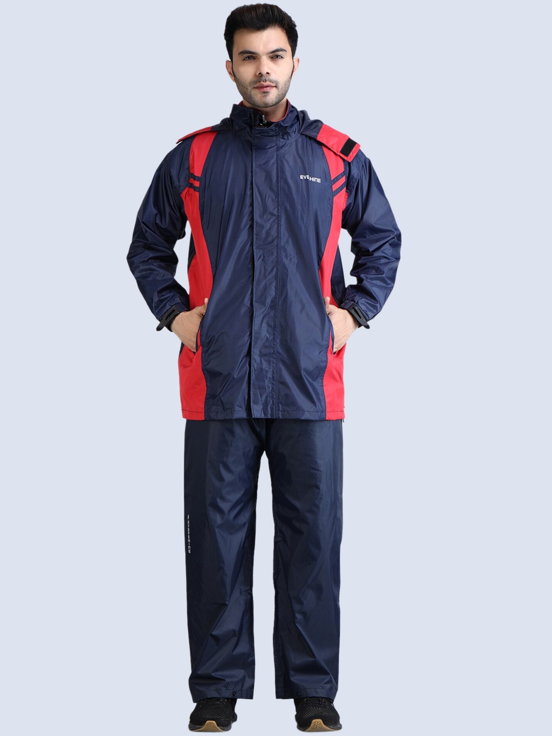 

Super Colourblocked Adjustable Hooded Double Layered Waterproof Rain Suit, Navy blue
