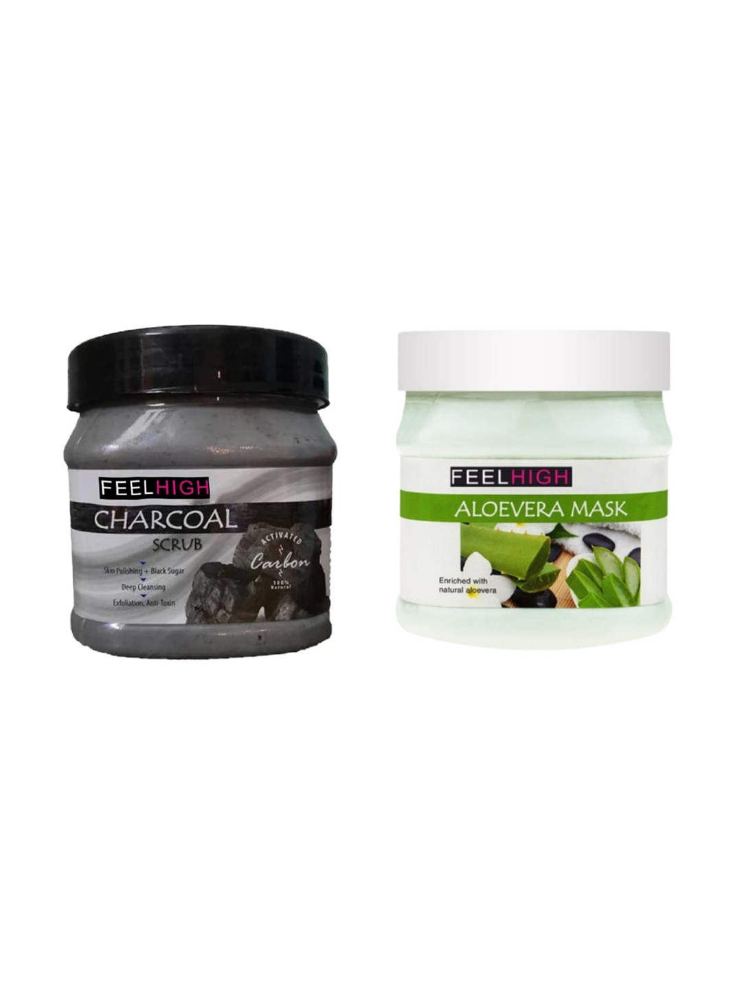 

FEELHIGH Set Of 2 Charcoal Scrub & Aloe Vera Mask- 500ml Each, Black