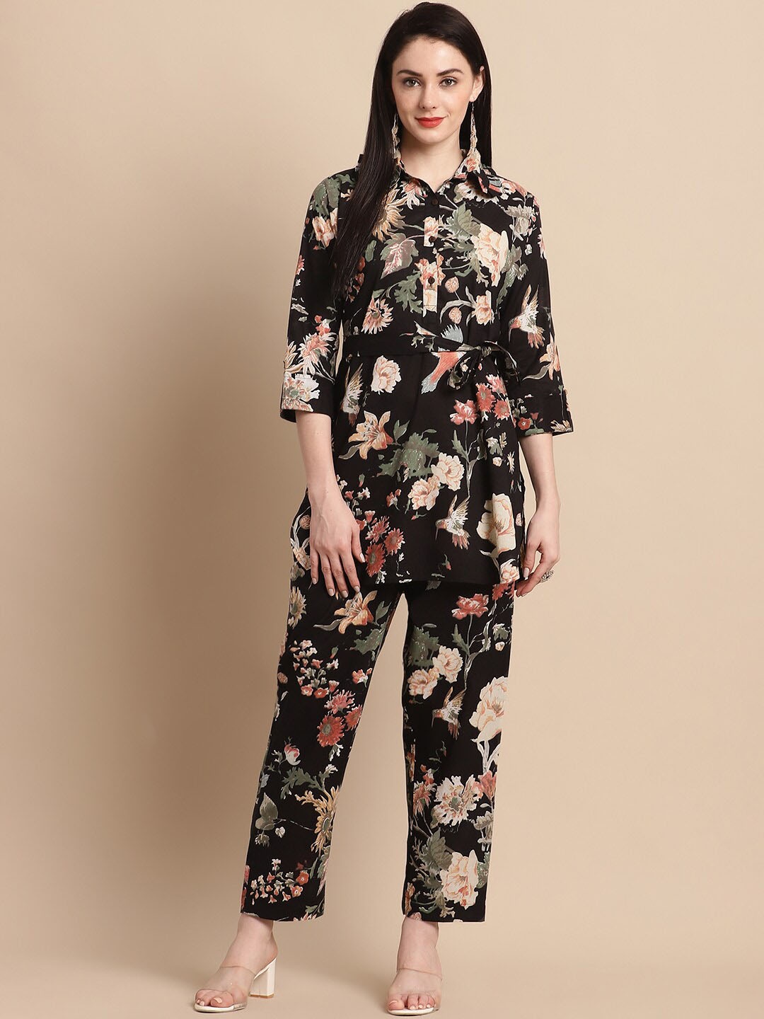 Pistaa Floral Printed Pure Cotton Tunic & Trousers Co-Ords, Black