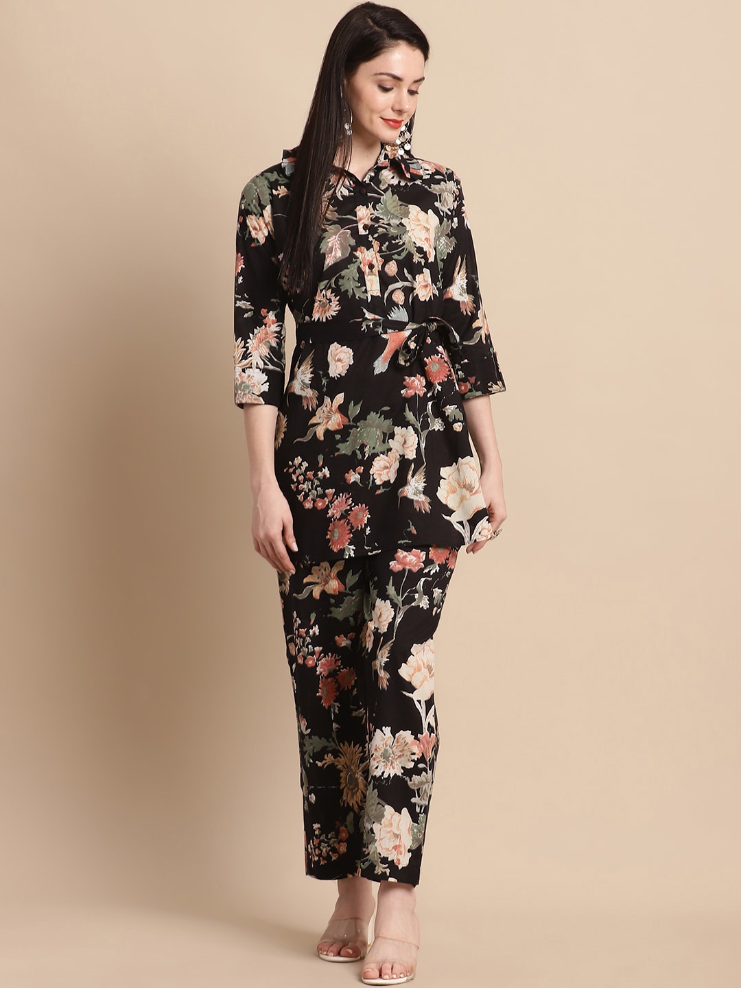 Pistaa Floral Printed Cotton Top With Trouser Co-Ords, Black