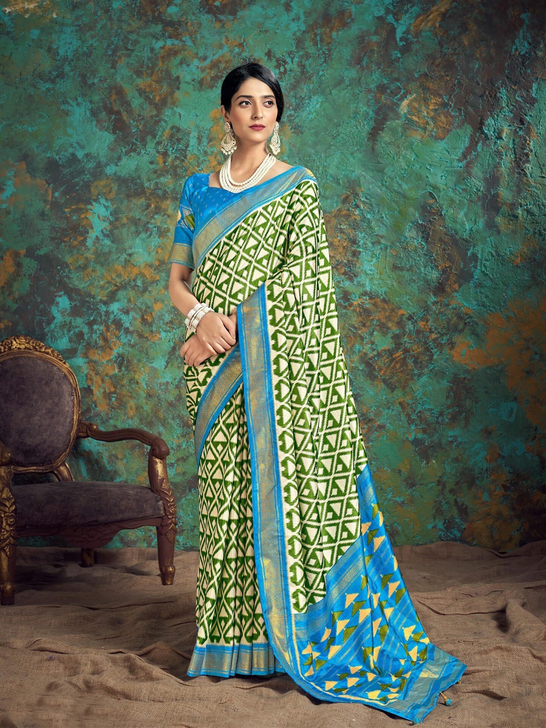 

Mitera Green & Yellow Geometric Printed Silk Blend Patola Saree