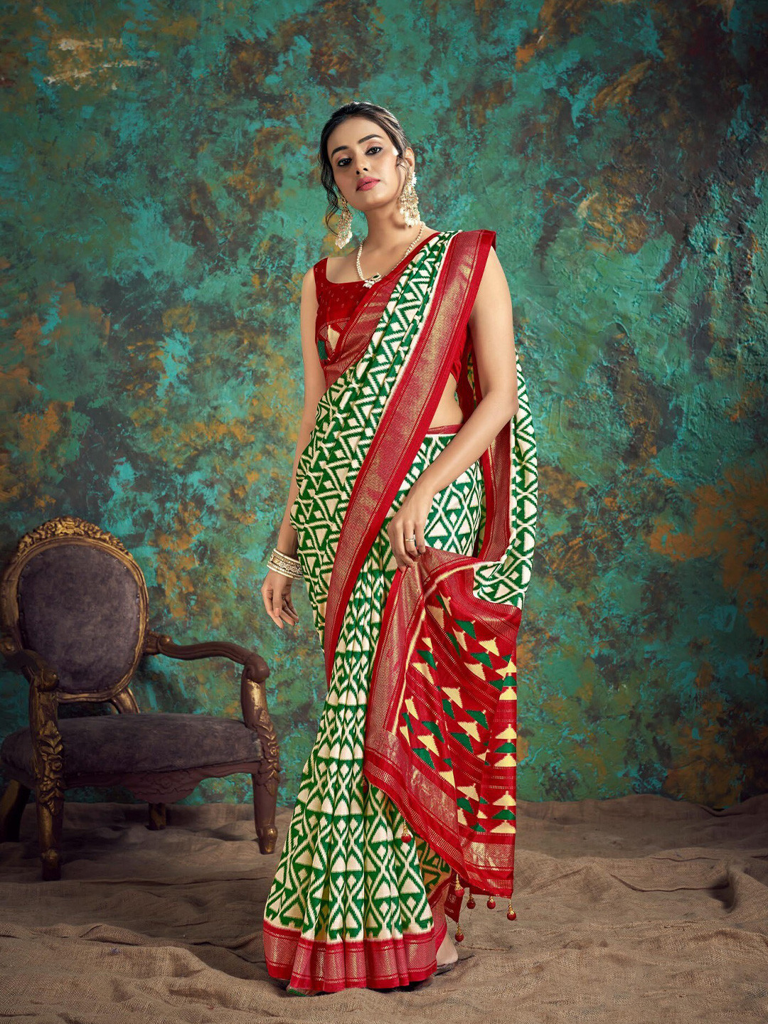 

Mitera Green & Red Geometric Printed Silk Blend Patola Saree