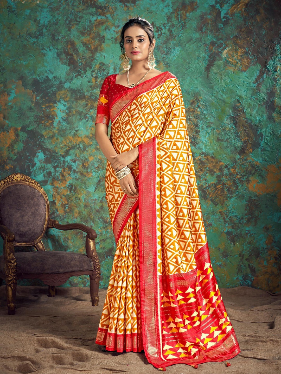 

Mitera Yellow & Red Geometric Printed Silk Blend Patola Saree