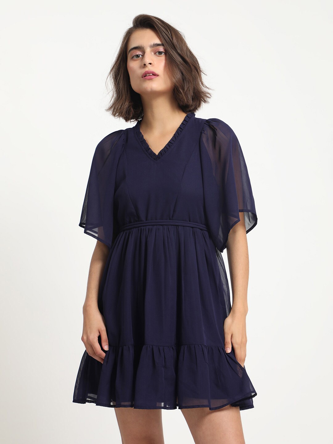 

RAREISM V-Neck Flared Sleeves Fit & Flare Dress, Navy blue