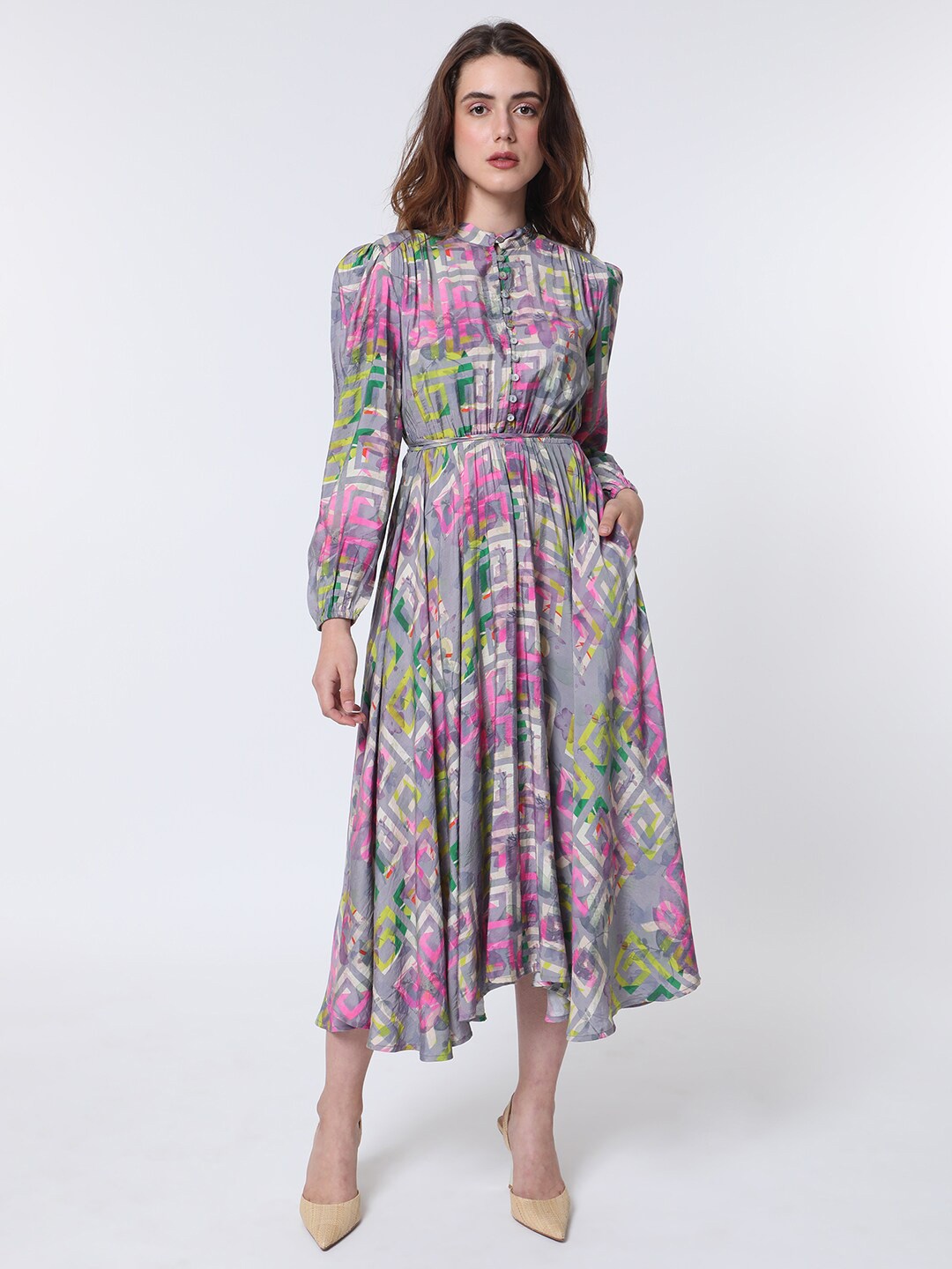 

RAREISM A-Line Geo Floral Midi Dress, Grey