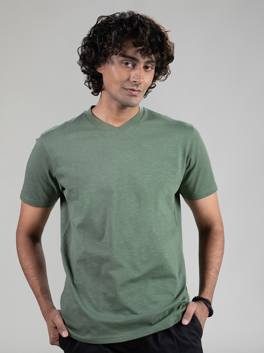 

SUBTRACT V-Neck Cotton T-Shirt, Green