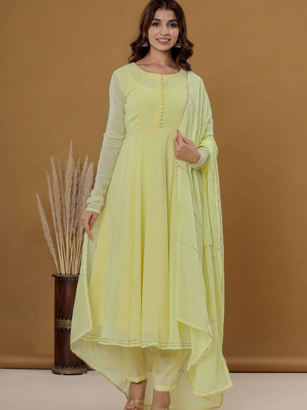 

HOUSE OF JAMOTI Gotta Patti Anarkali Kurta with Trousers & Dupatta, Yellow