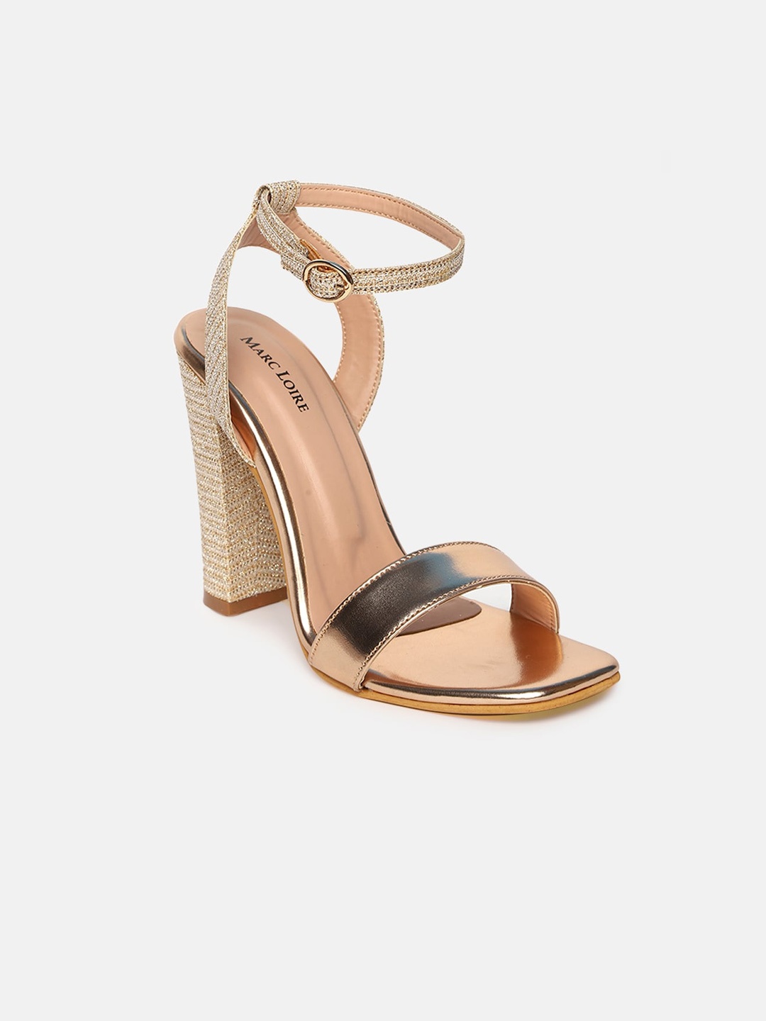 

Marc Loire Textured Party Open Toe Block Heels With Ankle Loop, Gold