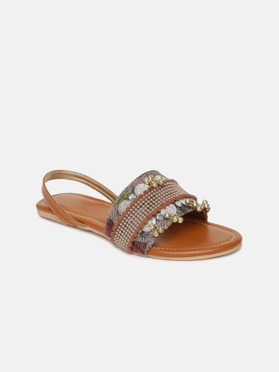 

Marc Loire Ethnic Embellished Open Toe Flats With Backstrap, Tan