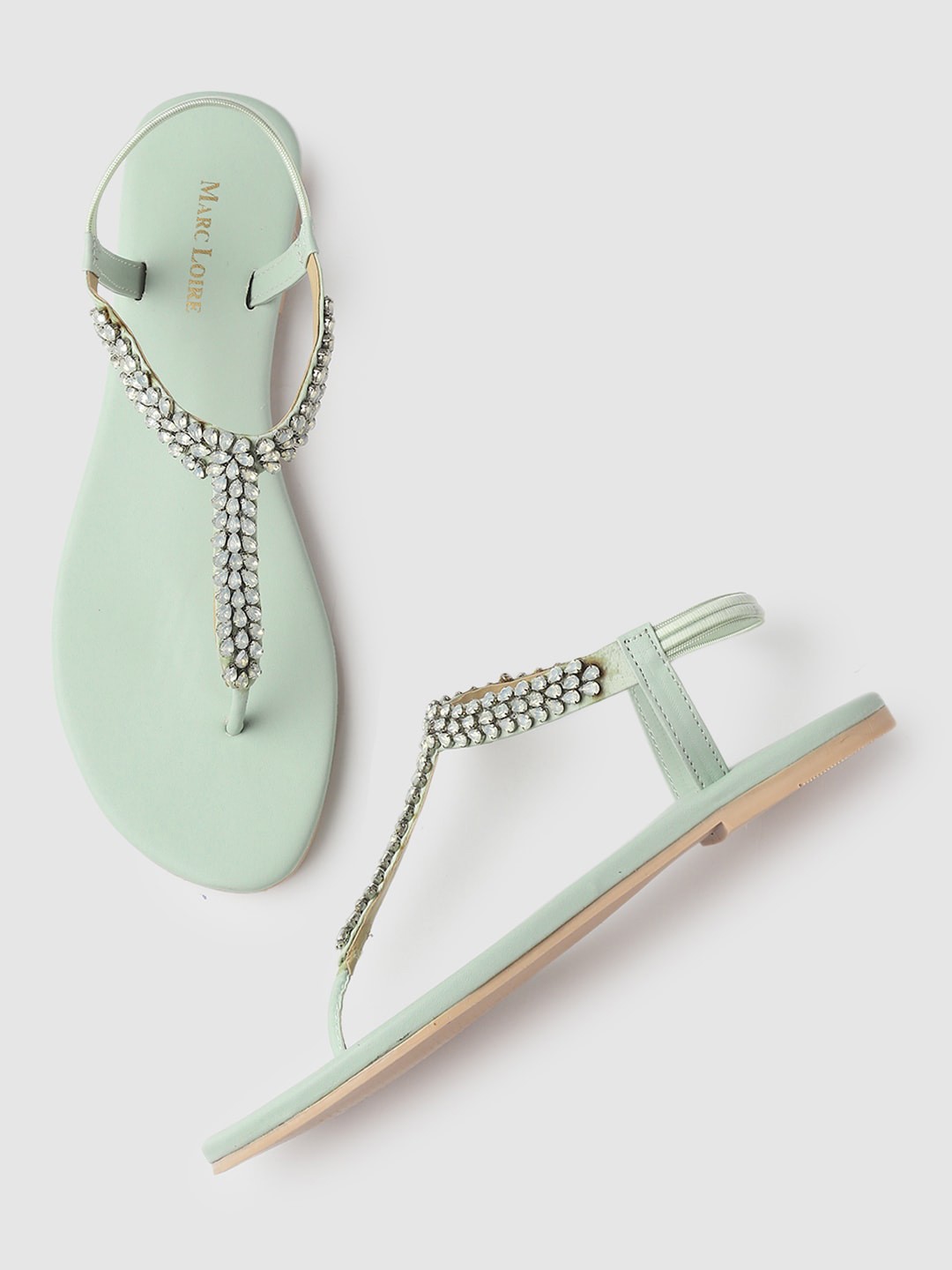 

Marc Loire Embellished T-Strap Flats With Backstrap, Sea green