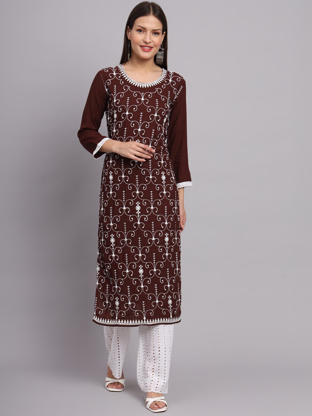 

VAIRAGEE Ethnic Motifs Printed Round Neck A-Line Kurta, Brown