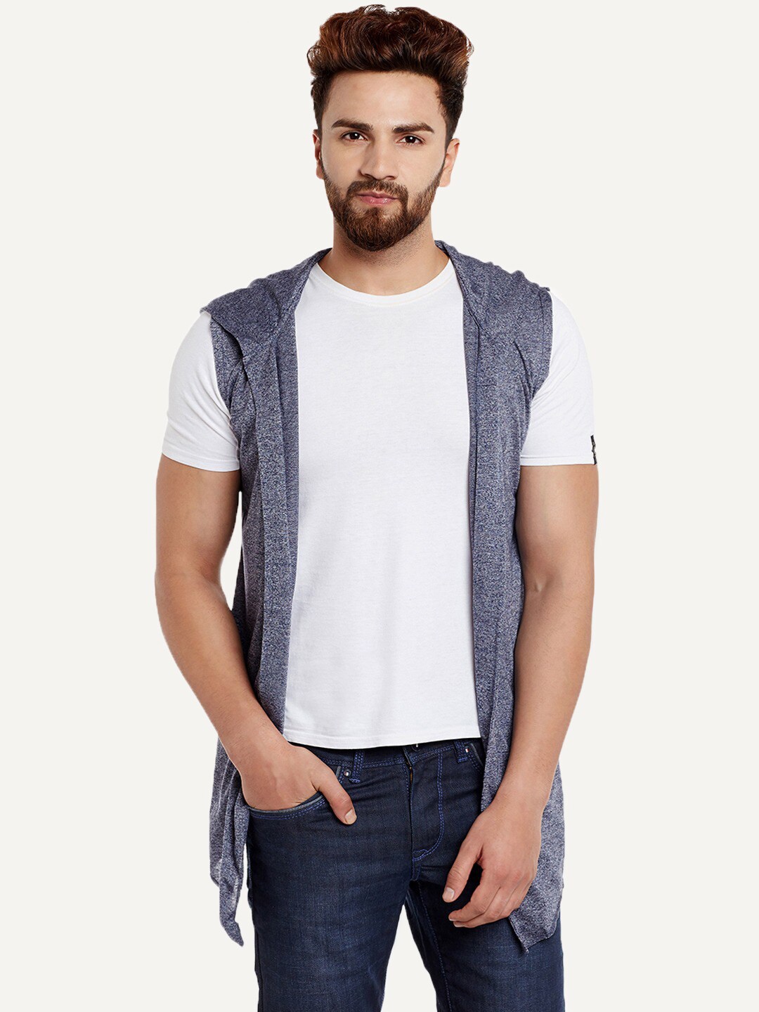 

CHILL WINSTON Men Open Front Sleeveless Hooded Cotton Shrug, Blue