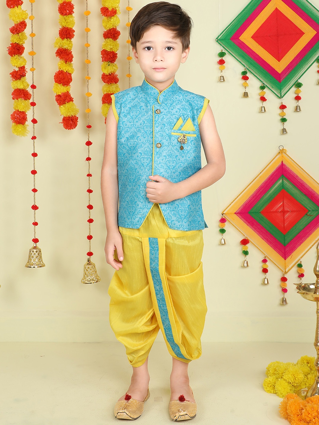 

BAESD Boys Ethnic Motifs Printed Mandarin Collar Cotton Silk Kurta With Dhoti Pants, Blue
