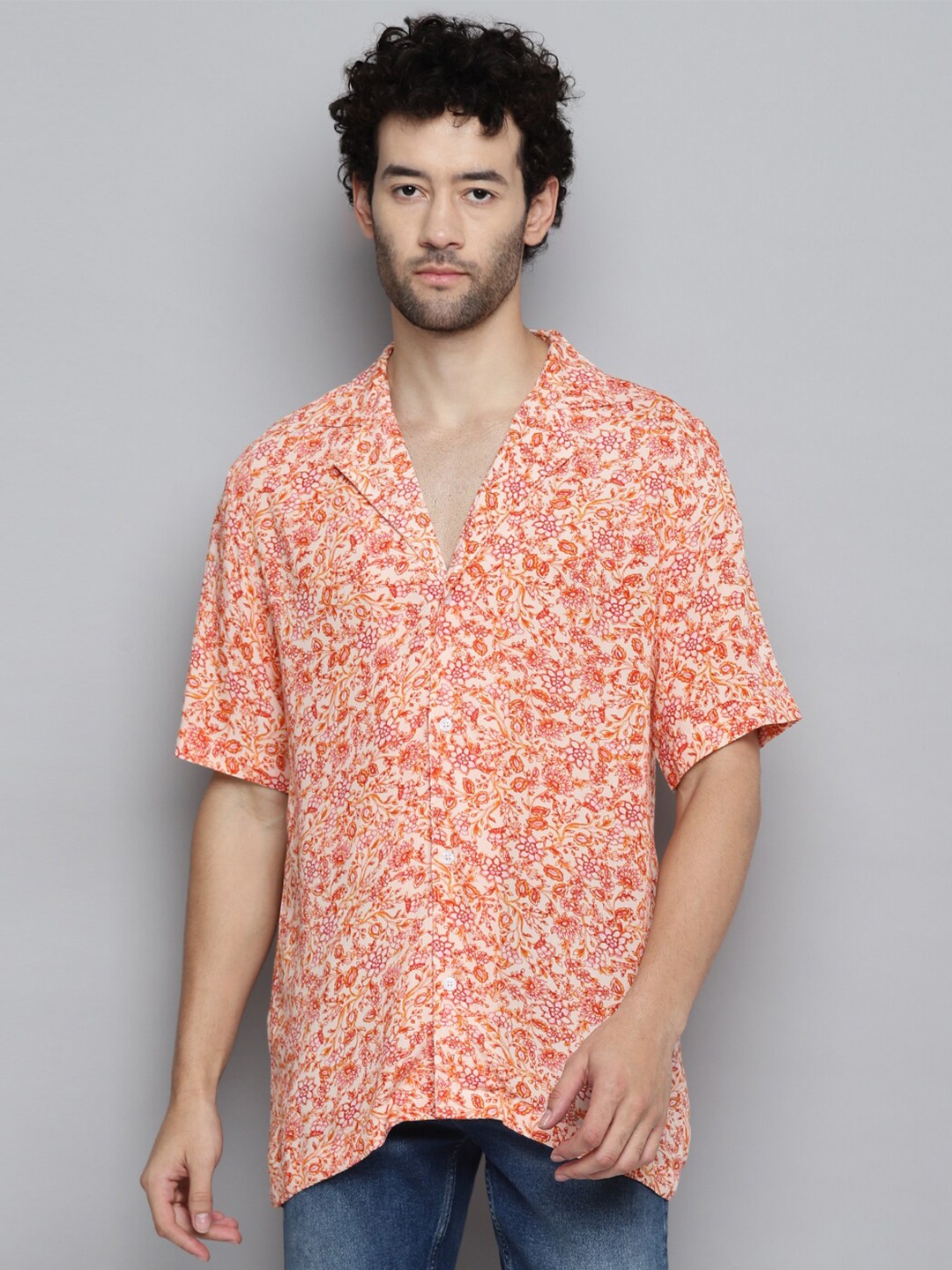 

Kook N Keech Floral Printed Cuban Collar Casual Resort Shirt, Orange