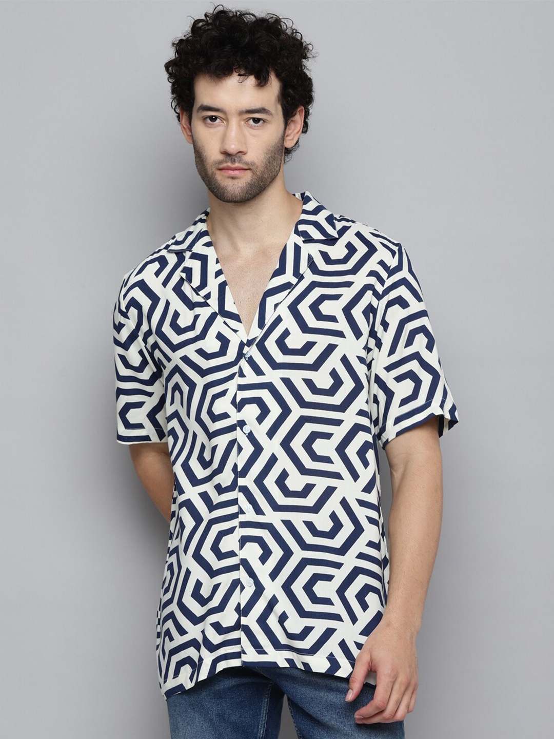 

Kook N Keech Geometric Printed Cuban Collar Casual Resort Shirt, White