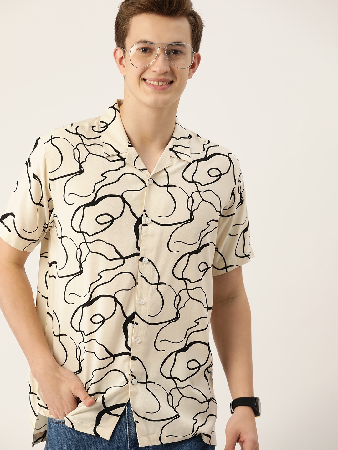 

Mast & Harbour Abstract Printed Cuban Collar Casual Shirt, Cream