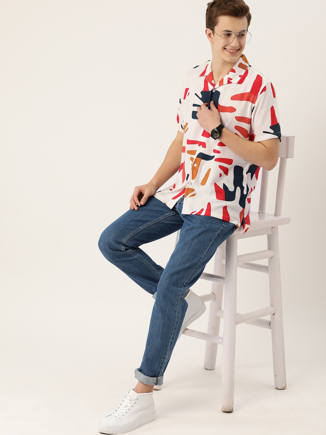 

Mast & Harbour Abstract Printed Cuban Collar Casual Shirt, Off white