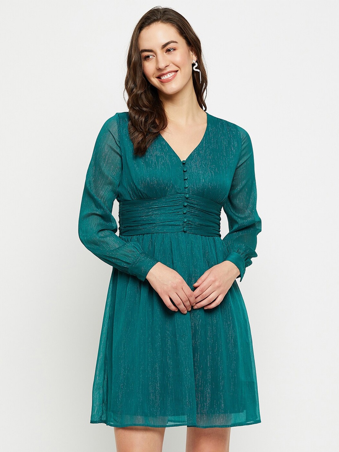

Madame Self Design V-Neck Cuffed Sleeves Fit & Flare Dress, Teal