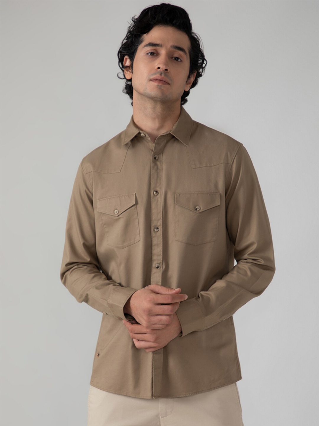 

SUBTRACT Comfort Twill Weave Pure Cotton Casual Shirt, Khaki