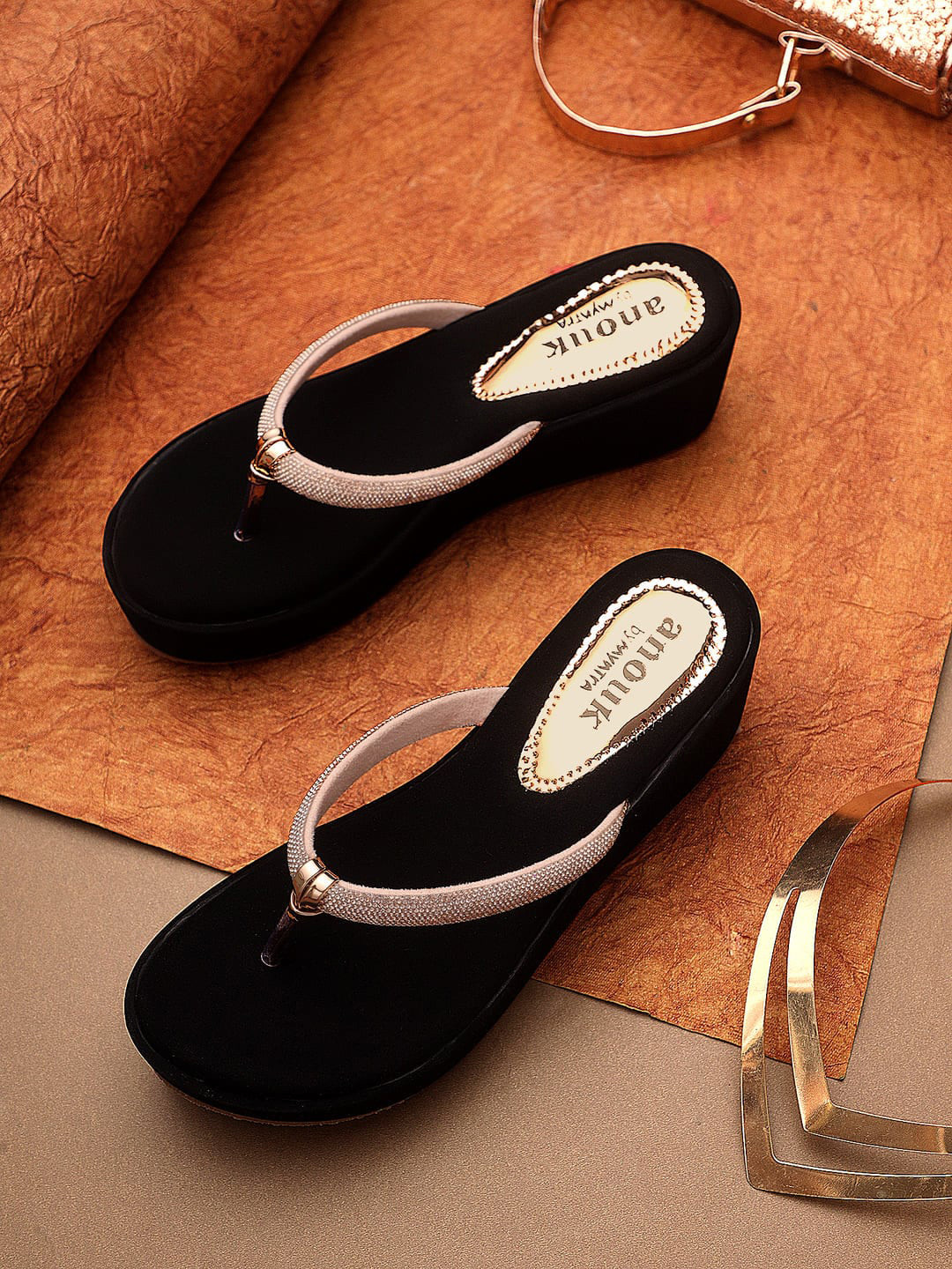 

Anouk Rose Gold-Toned & Black Embellished Flatform Heels
