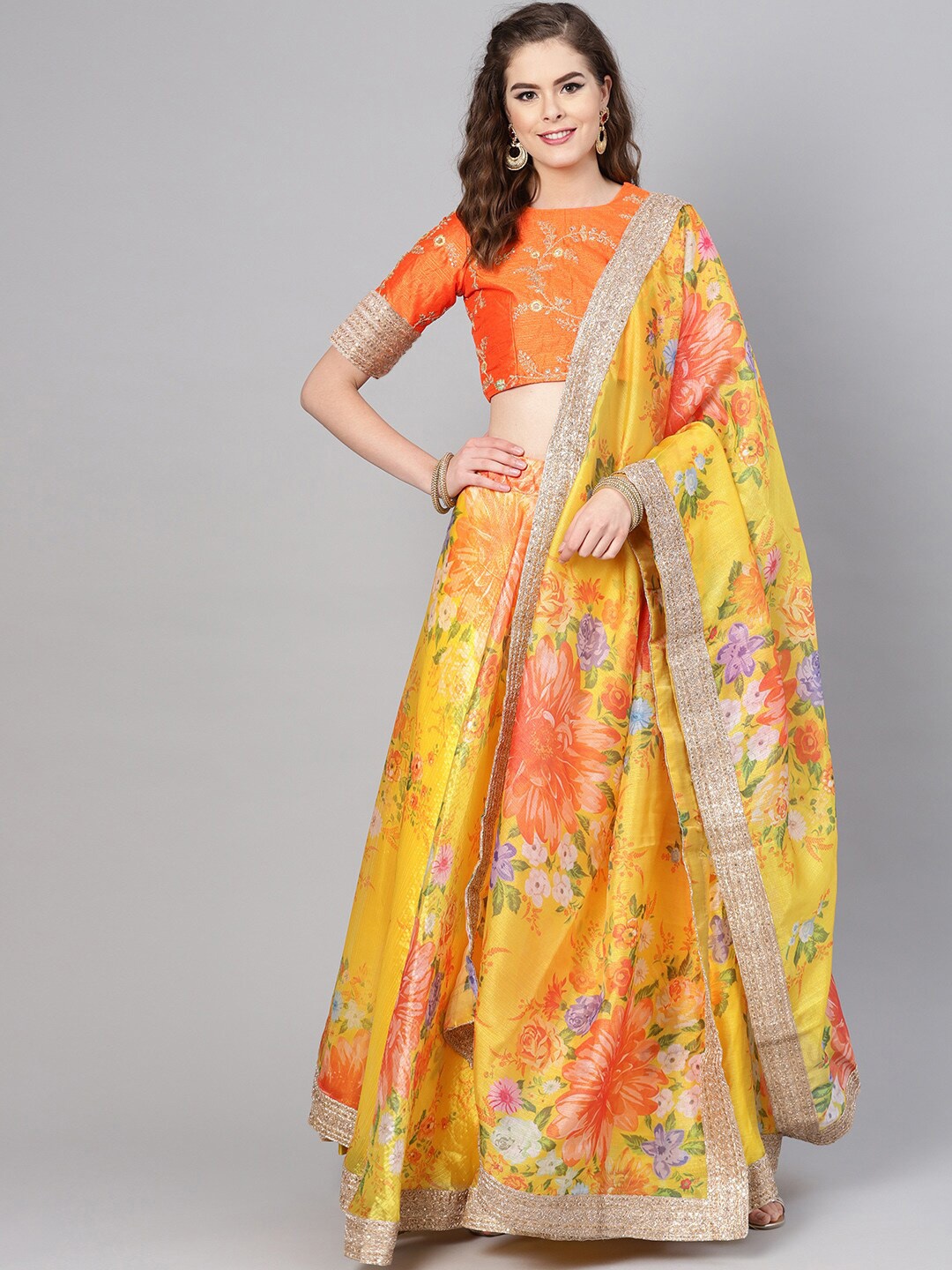 

Zeel Clothing Floral Printed Semi-Stitched Lehenga & Unstitched Blouse With Dupatta, Yellow