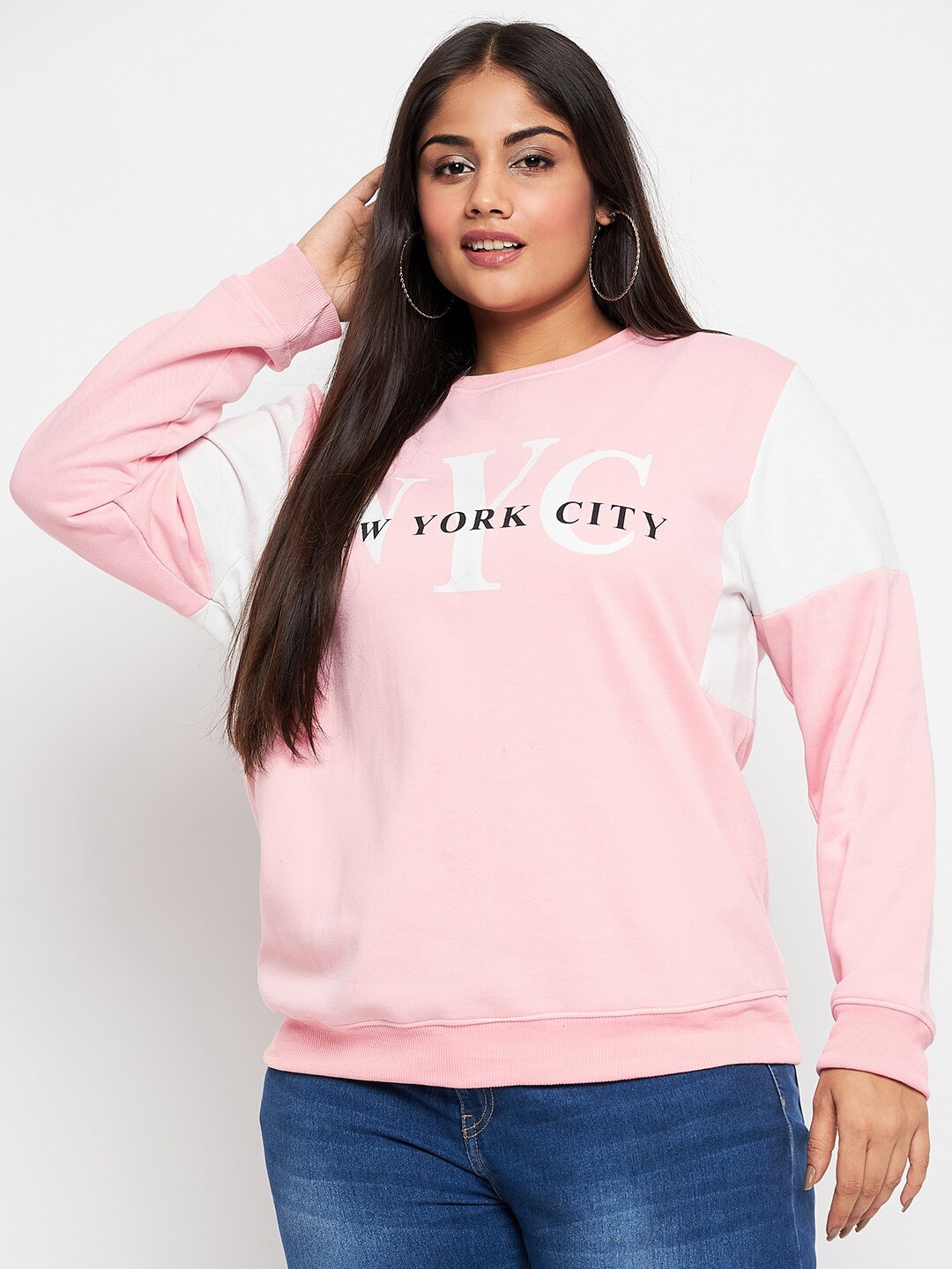 

AUSTIVO Plus Size Typography Printed Fleece Pullover Sweatshirt, Pink