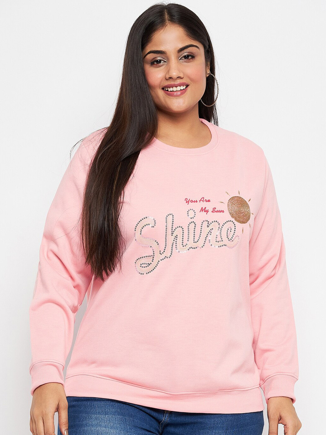 

AUSTIVO Plus Size Typography Printed Fleece Pullover Sweatshirt, Pink