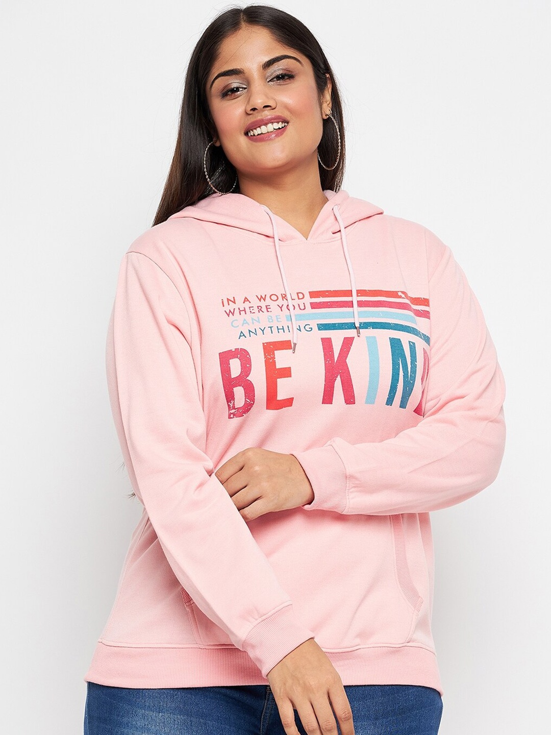 

AUSTIVO Plus Size Typography Printed Hooded Fleece Pullover Sweatshirt, Pink