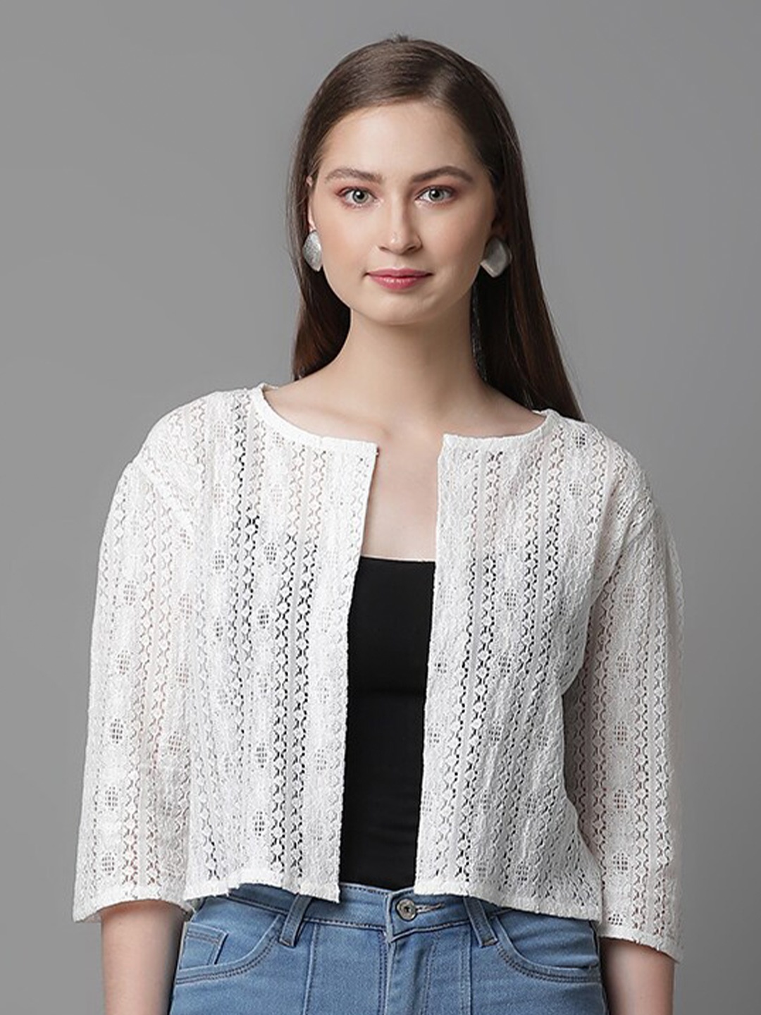 

UnaOne Self Design Open Front Pure Cotton Lace Shrug, Off white