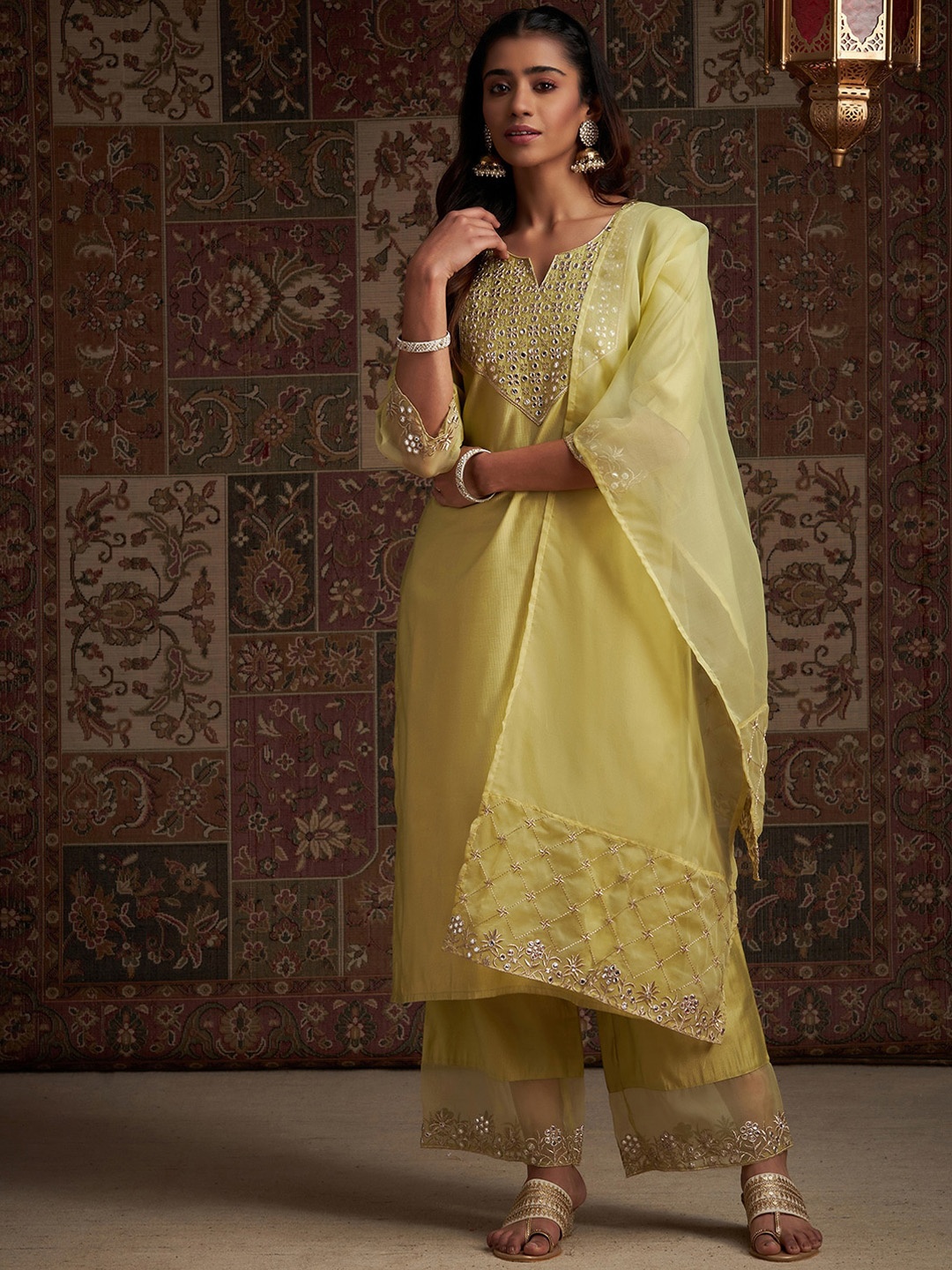 

Indo Era Yoke Design Embroidered Regular Mirror Work Liva Kurta With Palazzos & Dupatta, Olive