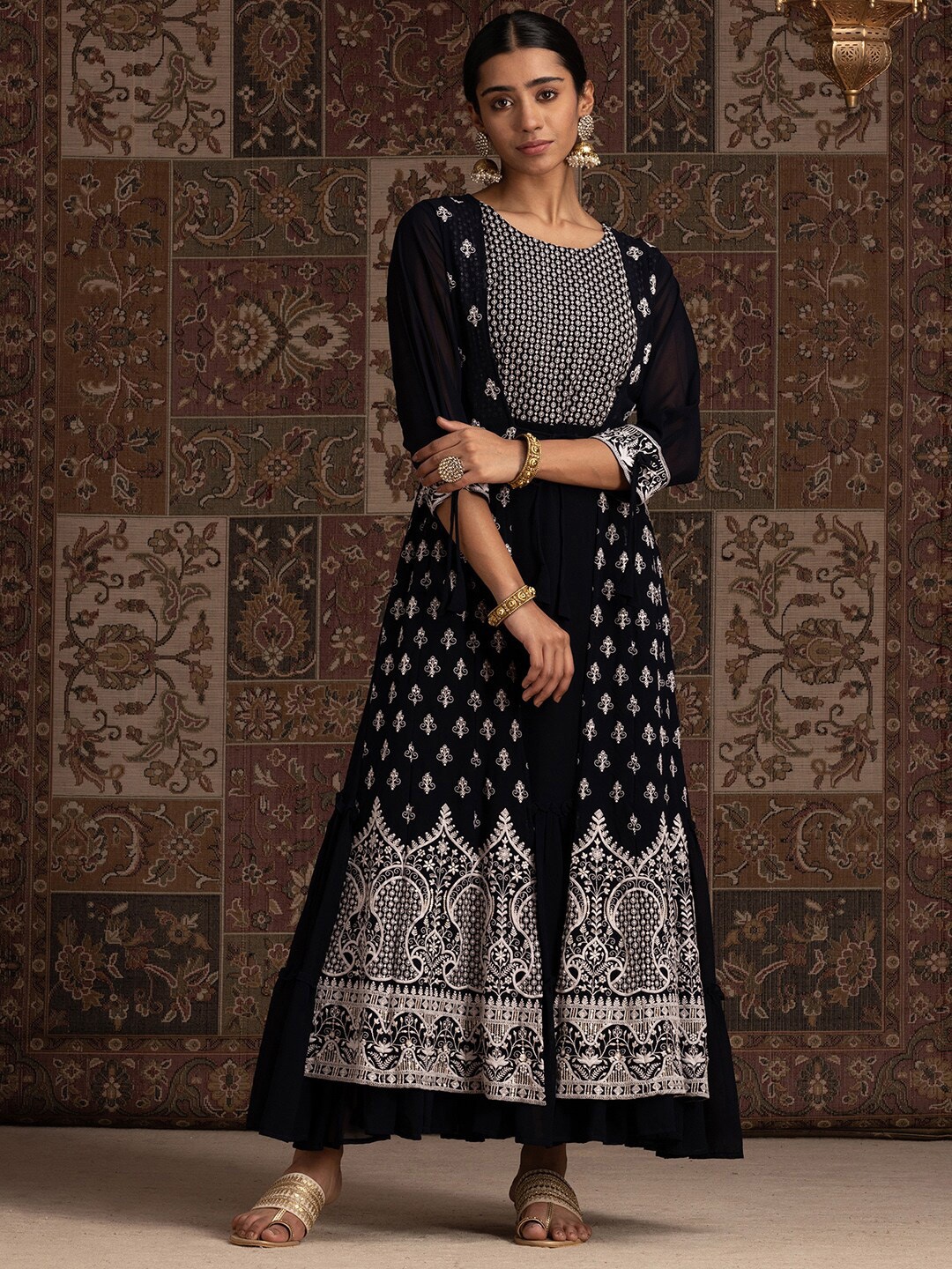 

Indo Era Black & White Ethnic Motifs Embroidered Georgette A-Line Maxi Ethnic Dress