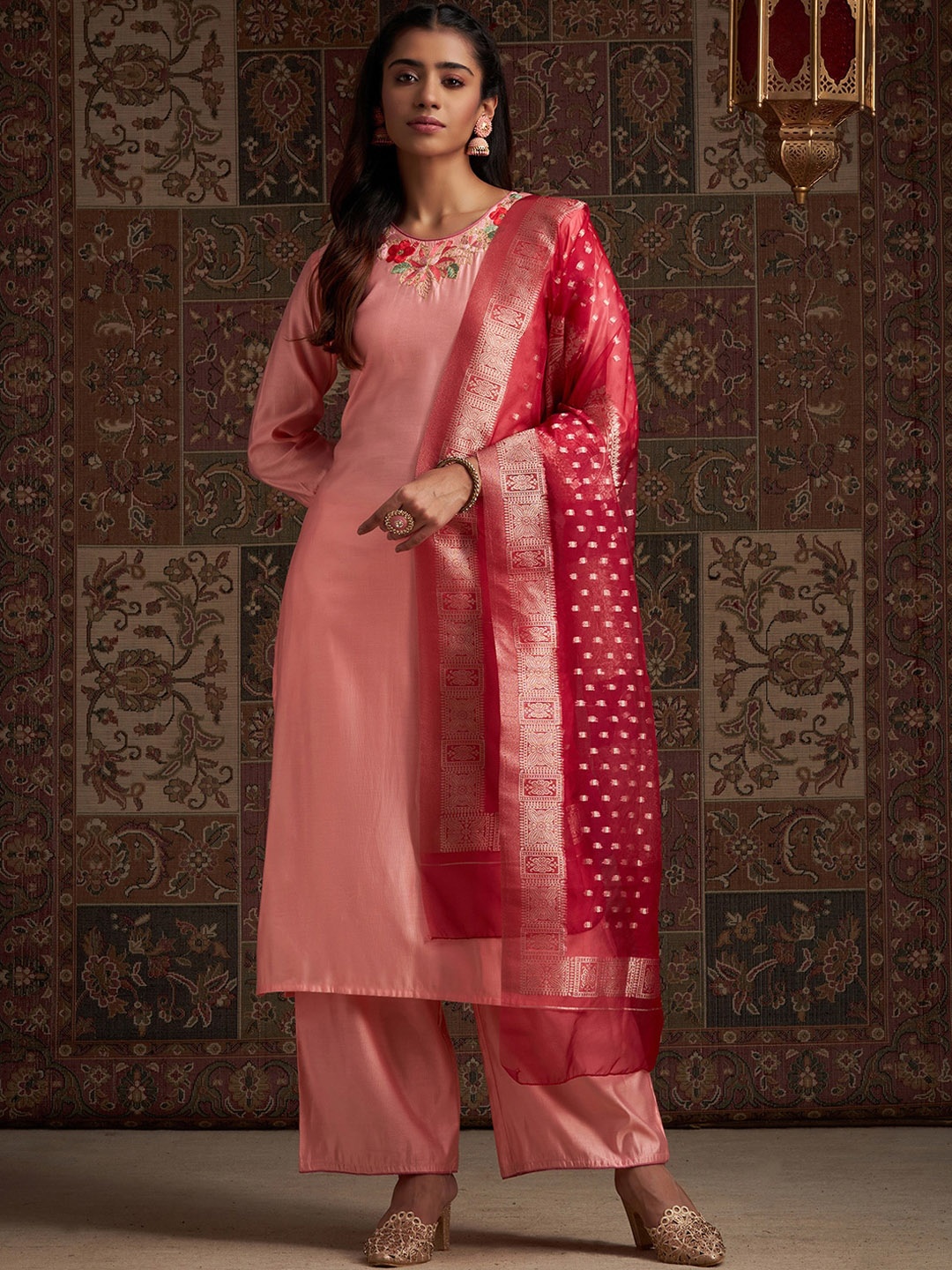 

Indo Era Floral Embroidered Regular Sequinned Liva Kurta With Palazzos & With Dupatta, Pink