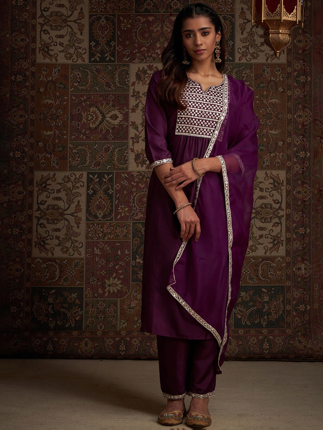 

Indo Era Yoke Design Embroidered Regular Kurta With Trousers & With Dupatta, Purple