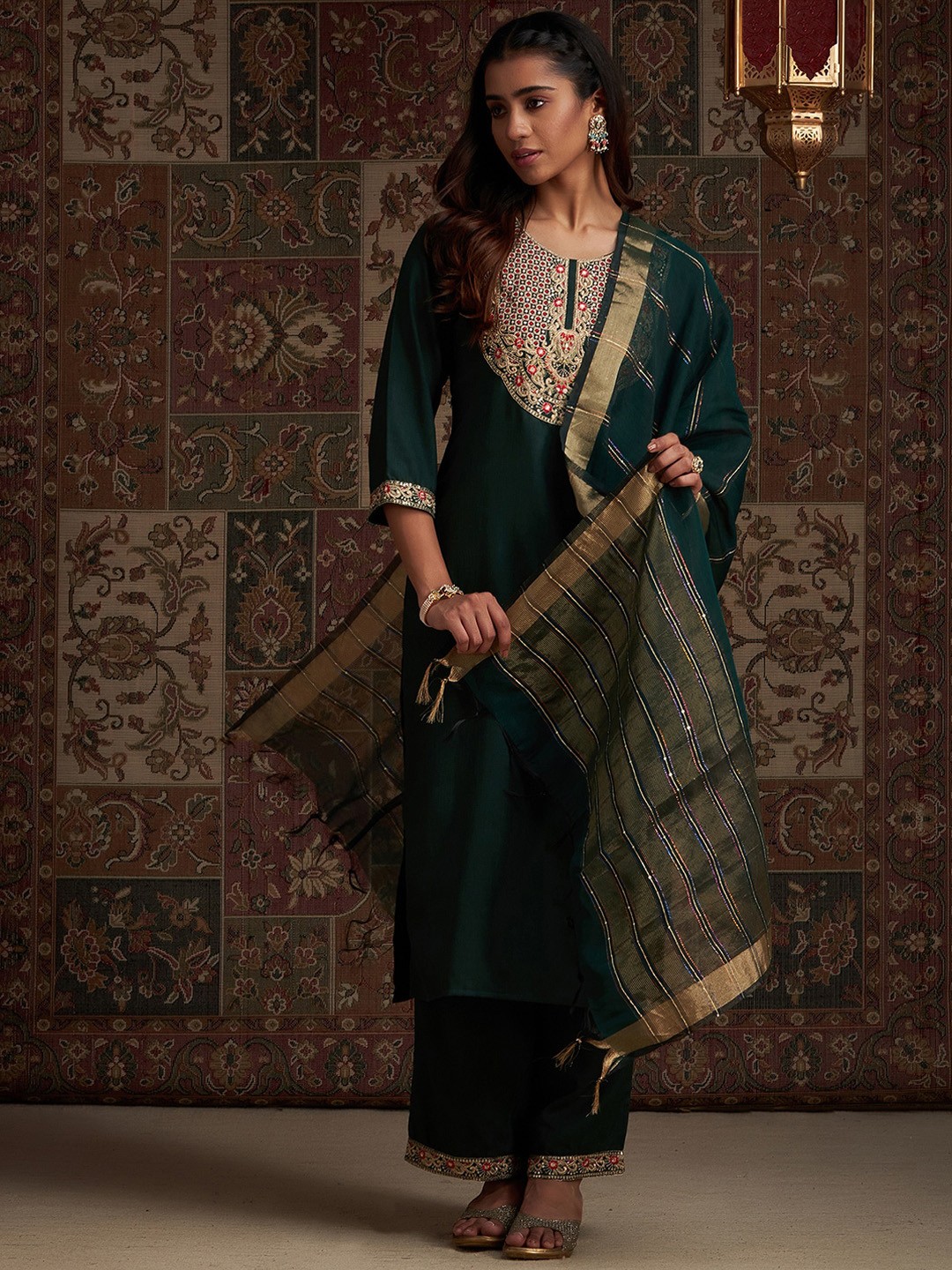 

Indo Era Floral Yoke Design Sequinned Kurta with Palazzos & With Dupatta, Green