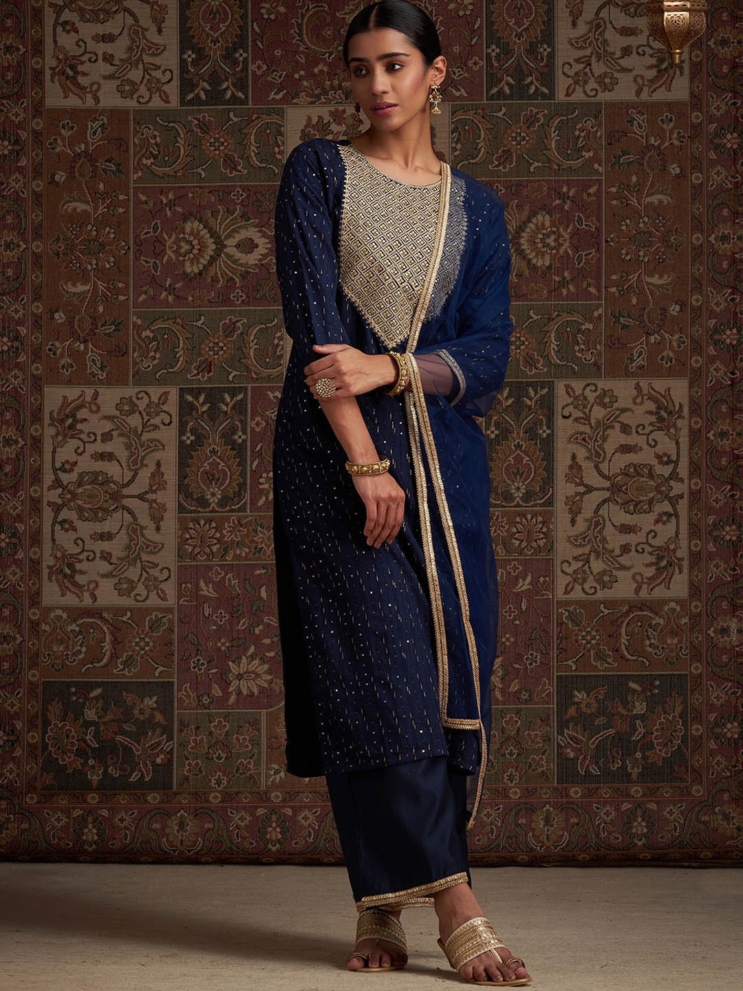 

Indo Era Geometric Embroidered Sequinned Liva Kurta with Palazzos & With Dupatta, Navy blue